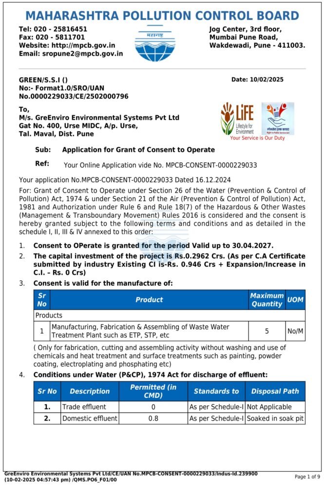MPCB Consent to Operate